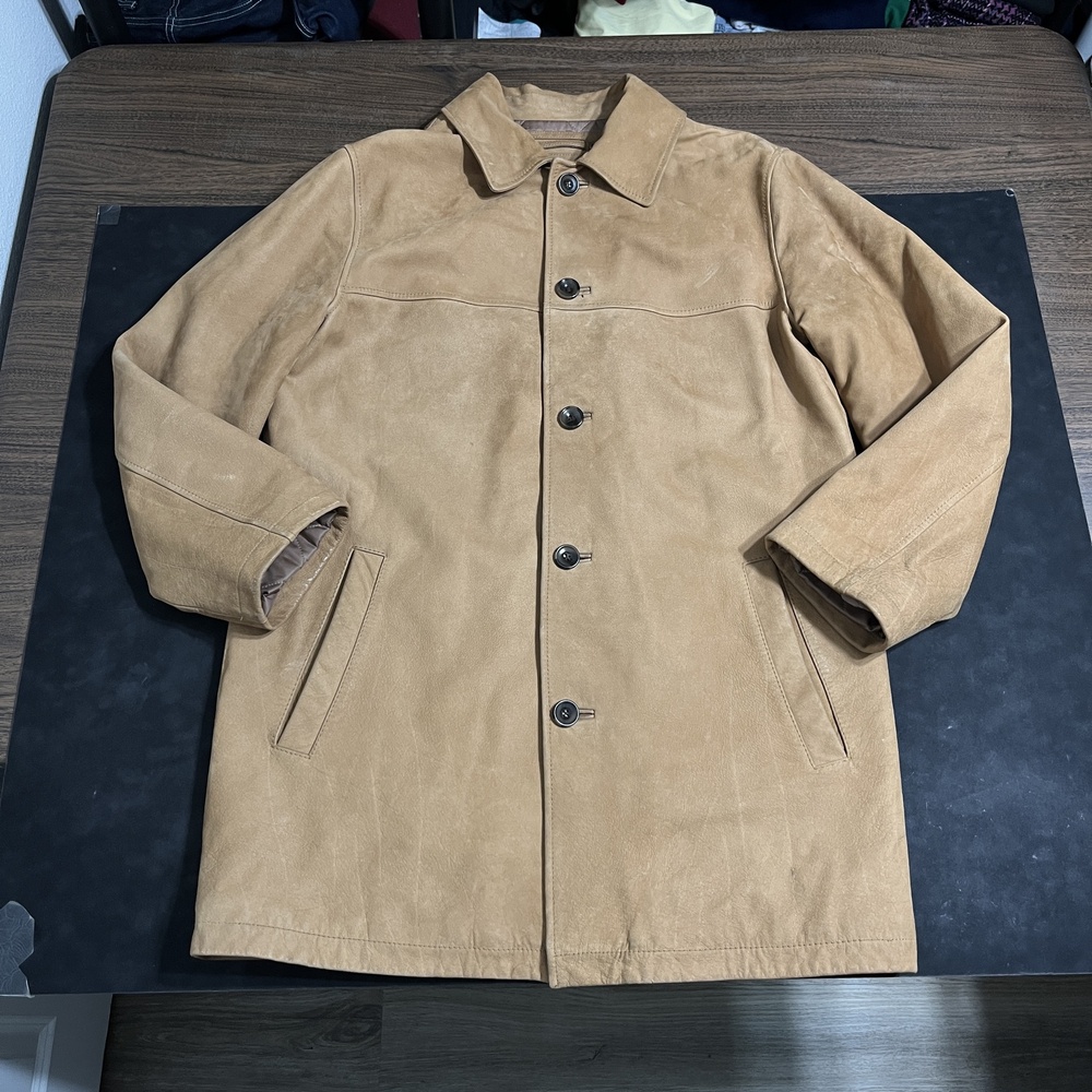 Eddie Bauer Leather Coat Men Barn Coat Field Jacket VTG Overcoat Quilted Outdoor
